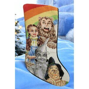 Rare Wizard Of Oz Needlepoint Christmas Stocking Wool Rainbow Dorothy Holiday 18